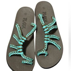 Plaka boho beachy coastal comfy relief Turquoise Black sandals arch support 8